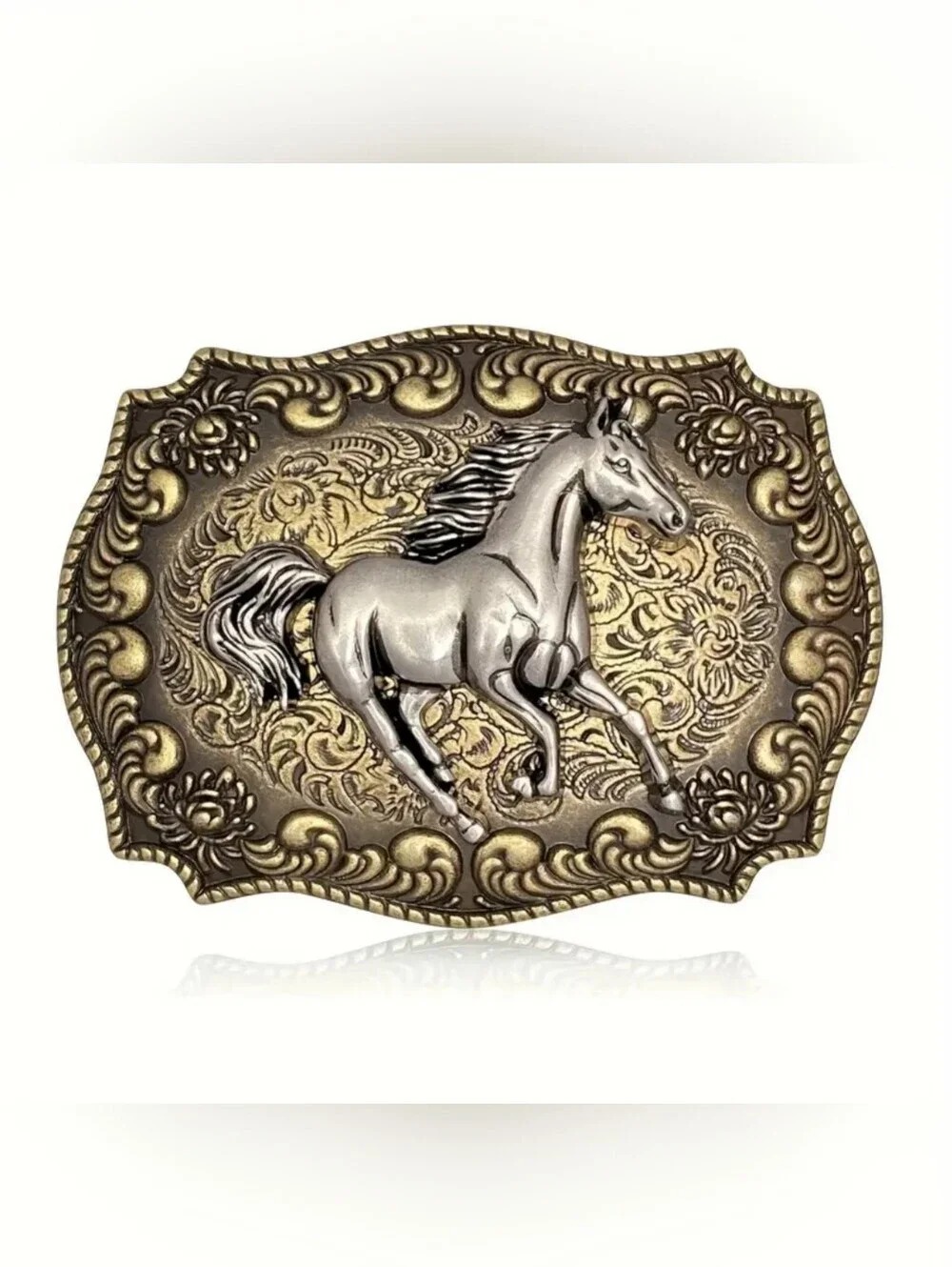 Western Running Horse Belt Buckle Cowboy Rodeo Antique Gold Silver Tone